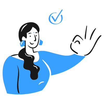 Hand-drawn style icon of a person gesturing OK with a checkmark above their head, symbolizing approval or success.